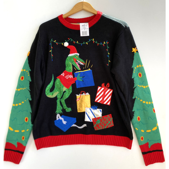 32 DEGREES Ugly Christmas Sweater Dinosaur Gifts Glitter Embroidered Size L NWT - Picture 1 of 4